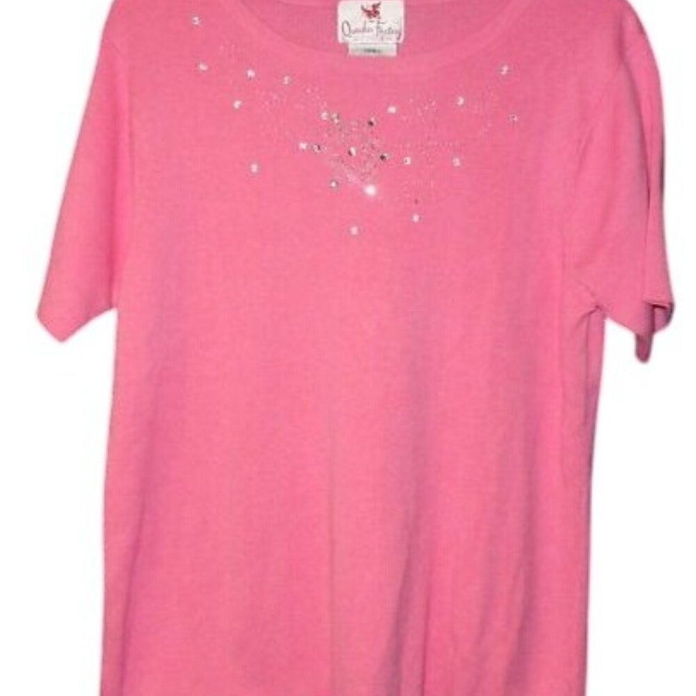 Quacker Factory Size S Sweater Knit Top Pink Rhinestone Bead Embellished